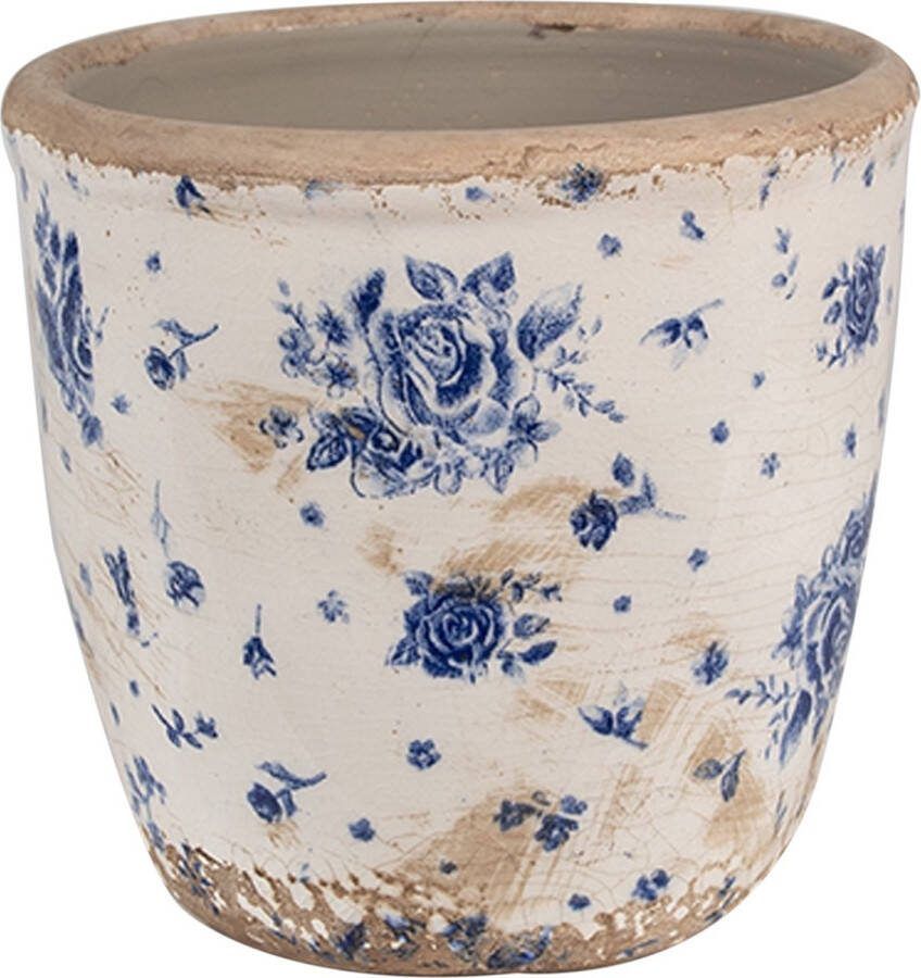 Clayre & Eef Bloempot Ø 13x12 cm Beige Blauw Keramiek Roosjes Bloempot Binnen