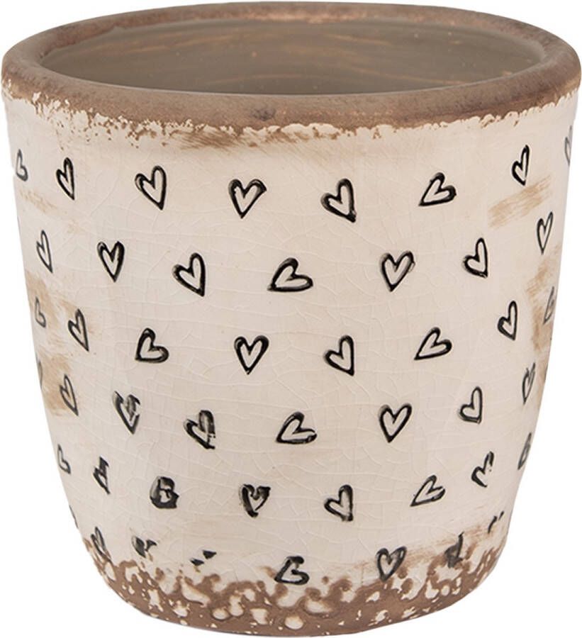 Clayre & Eef Bloempot Ø 13x12 cm Beige Zwart Keramiek Hartjes Bloempot Binnen