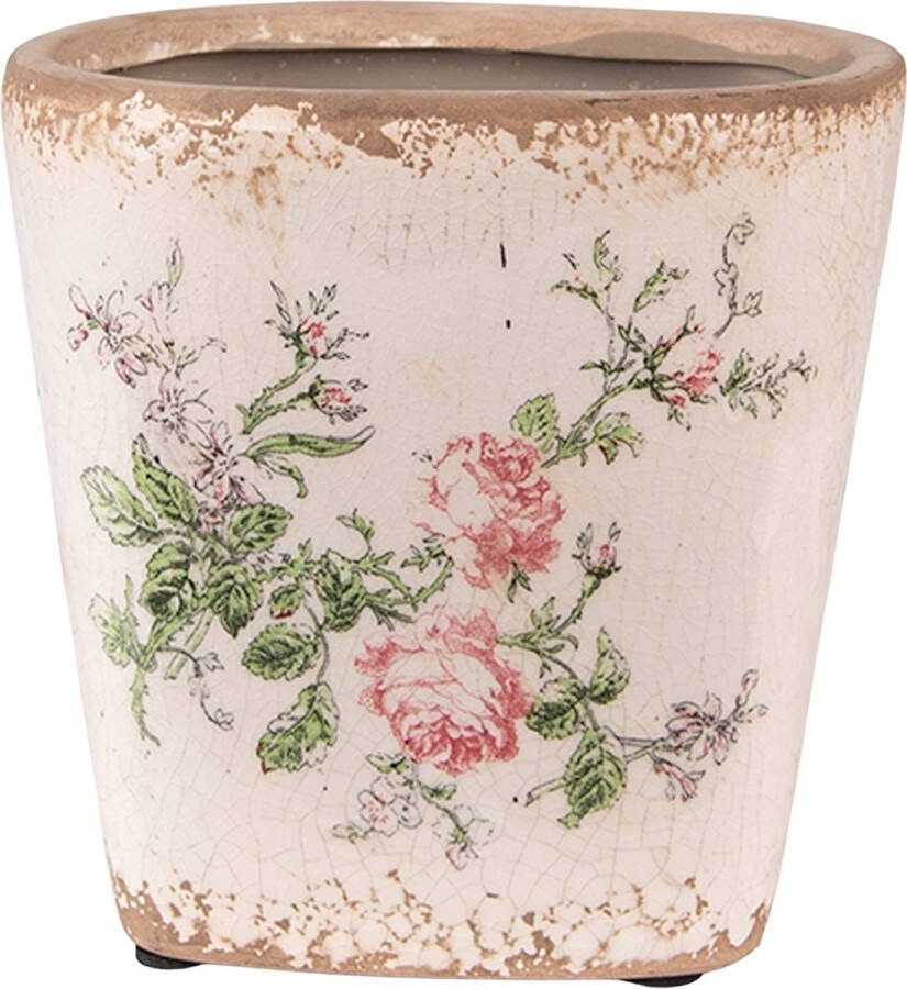 Clayre & Eef Bloempot 13x13x12 Cm Roze Beige Keramiek Vierkant Bloemen Bloempot Binnen Plantenpot Plant Pot Roze