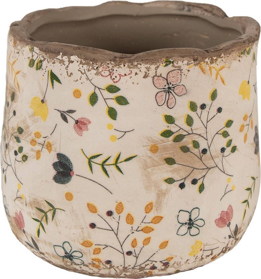 Clayre & Eef Bloempot Ø 14x12 cm Beige Geel Keramiek Bloemen Bloempot Binnen