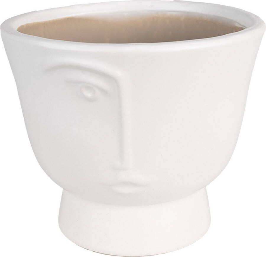 Clayre & Eef Bloempot Ø 14x12 Cm Wit Keramiek Gezicht Bloempot Binnen Plantenpot Plant Pot Wit Bloempot Binnen