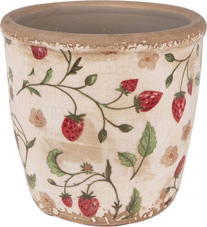 Clayre & Eef Bloempot Ø 14x13 cm Beige Rood Keramiek Aardbeien Bloempot Binnen