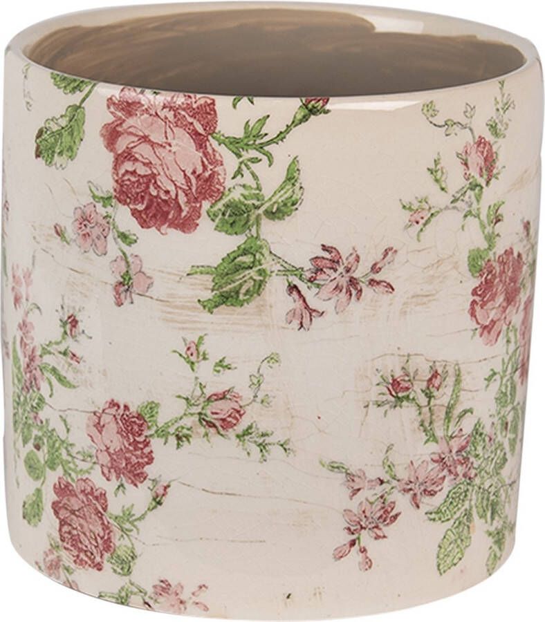 Clayre & Eef Bloempot Ø 14x13 cm Beige Roze Keramiek Bloemen Bloempot Binnen Beige Bloempot Binnen