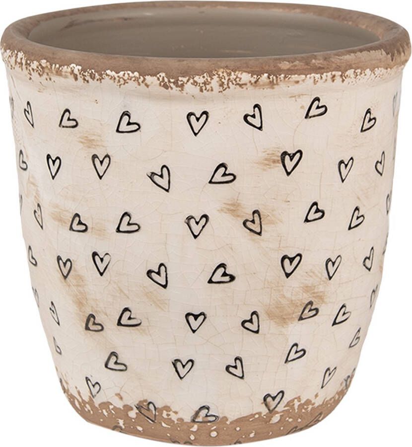 Clayre & Eef Bloempot Ø 14x13 cm Beige Zwart Keramiek Hartjes Bloempot Binnen