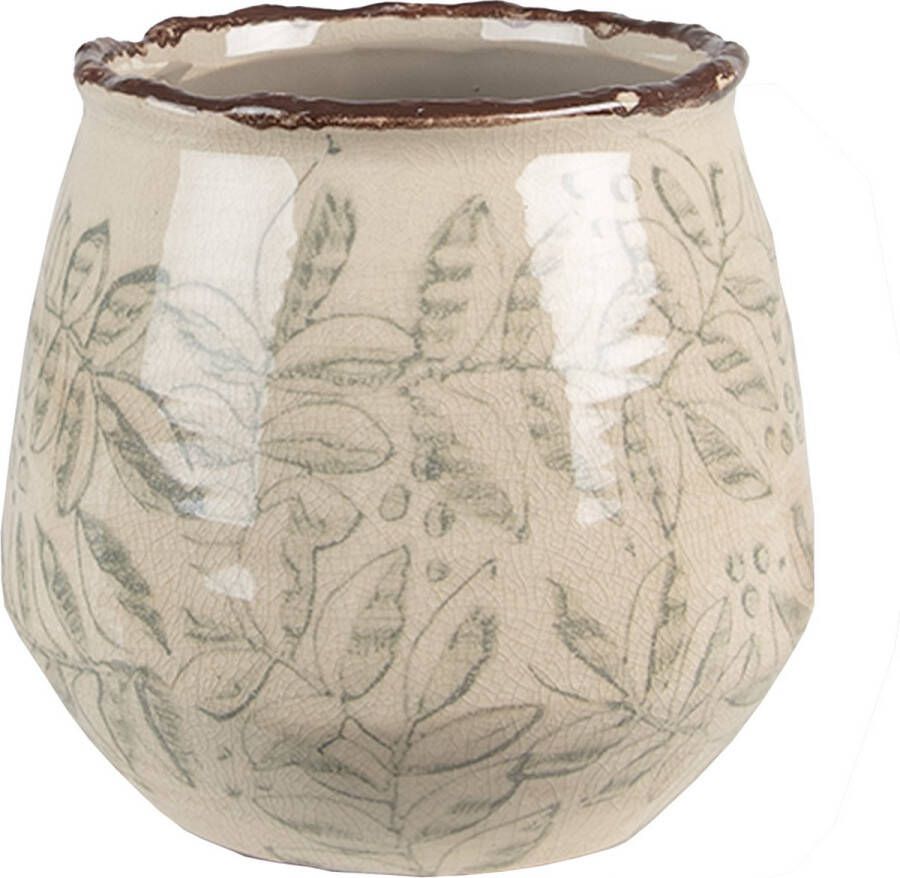 Clayre & Eef Bloempot Ø 14x13 Cm Groen Beige Keramiek Bladeren Bloempot Binnen Plantenpot Plant Pot Groen Bloempot