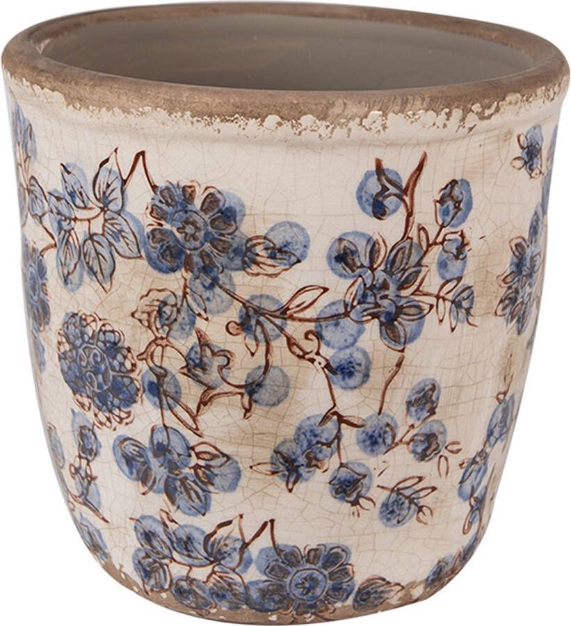 Clayre & Eef Bloempot Ø 14x14 cm Beige Blauw Keramiek Bloemen Bloempot Binnen Beige Bloempot Binnen