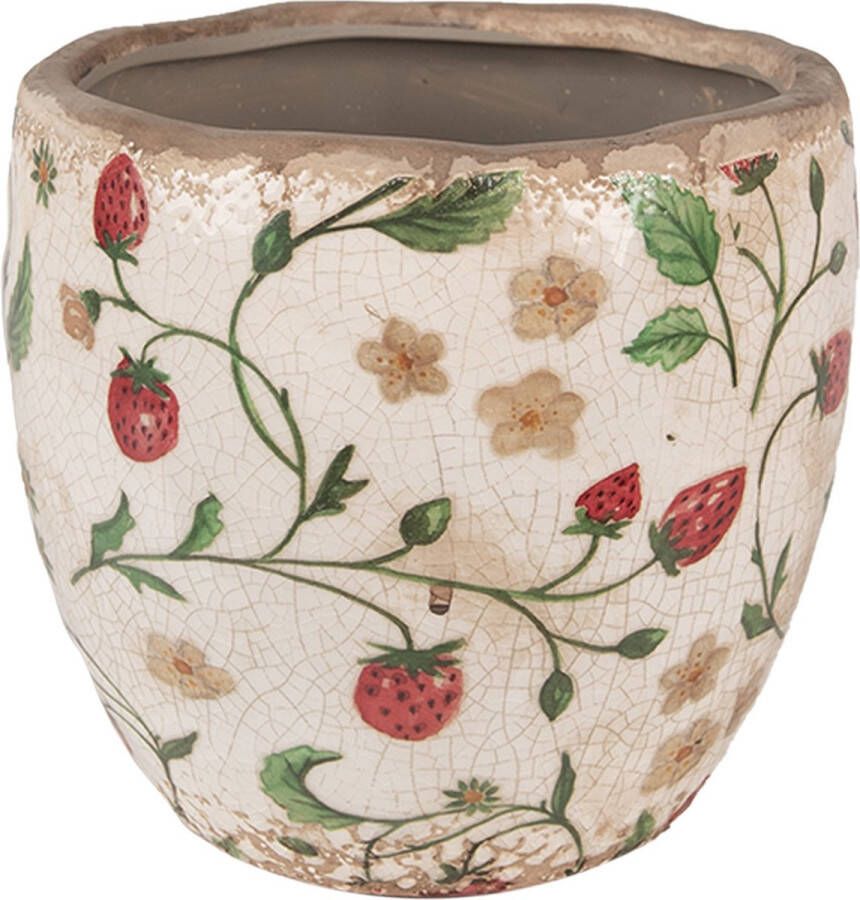 Clayre & Eef Bloempot Ø 14x14 cm Beige Rood Keramiek Aardbeien Bloempot Binnen