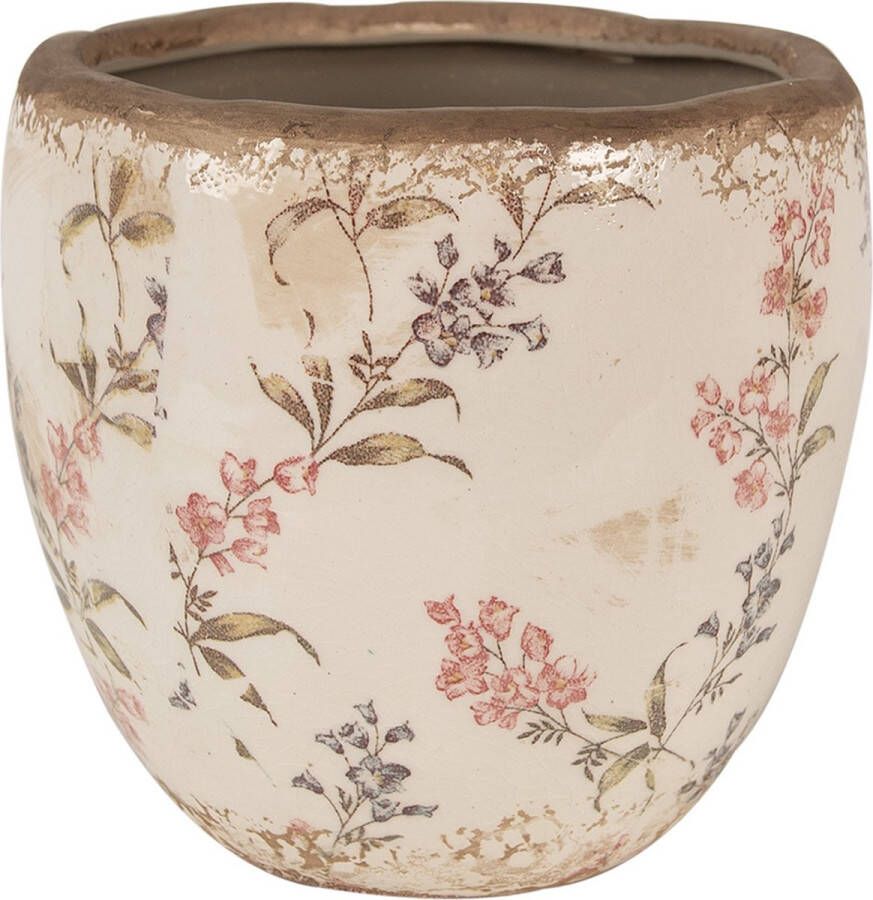 Clayre & Eef Bloempot Ø 14x14 cm Beige Roze Keramiek Bloemen Bloempot Binnen