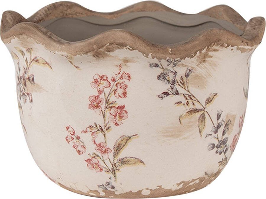 Clayre & Eef Bloempot Ø 14x9 cm Beige Roze Keramiek Bloemen Bloempot Binnen Beige Bloempot Binnen