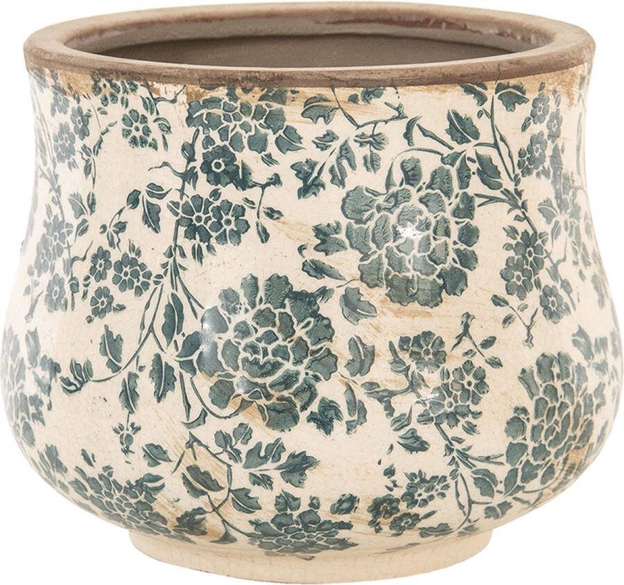 Clayre & Eef Bloempot Ø 15x13 Cm Beige Groen Keramiek Rond Bloemen Bloempot Binnen Plantenpot Plant Pot Beige Bloempot