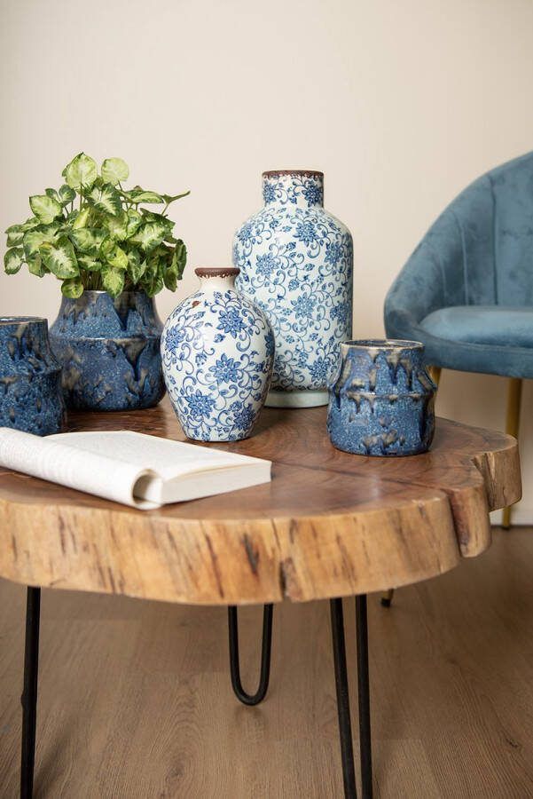 Clayre & Eef Bloempot Ø 15x13 Cm Blauw Keramiek Bloempot Binnen Plantenpot Plant Pot Blauw Bloempot Binnen Plantenpot