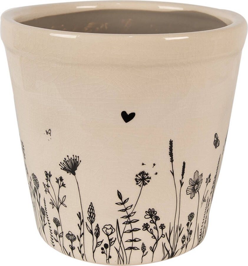 Clayre & Eef Bloempot Ø 15x14 cm Beige Zwart Keramiek Bloemen Bloempot Binnen