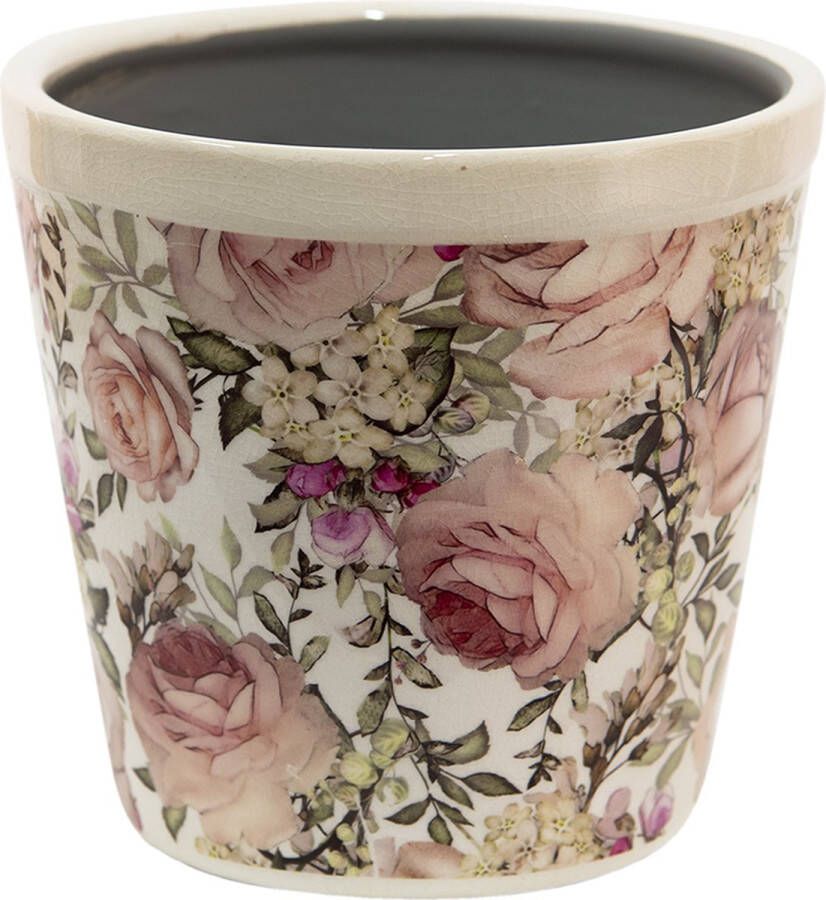 Clayre & Eef Bloempot Ø 15x14 cm Wit Roze Keramiek Rond Bloemen Bloempot binnen Plantenpot Plant pot
