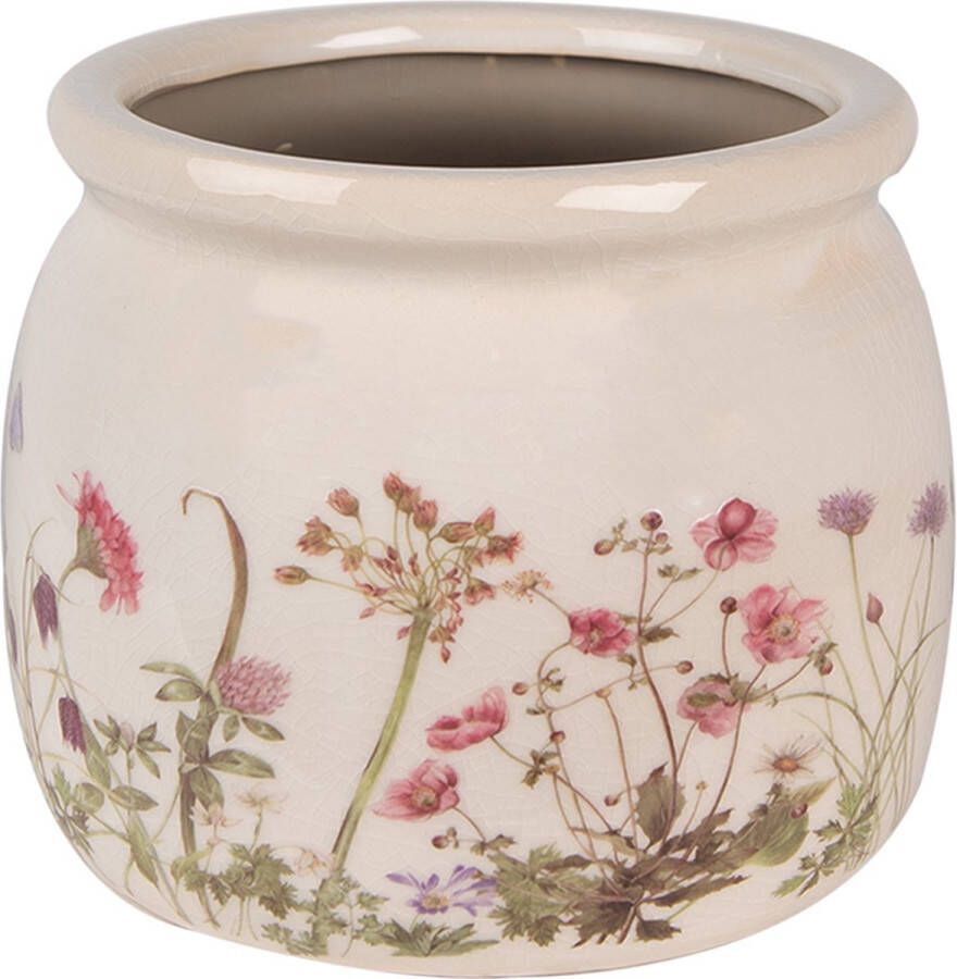 Clayre & Eef Bloempot Ø 16x13 cm Beige Roze Keramiek Bloemen Bloempot Binnen