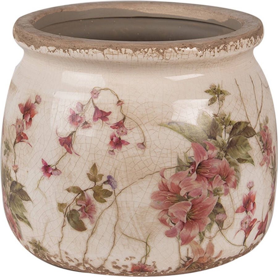 Clayre & Eef Bloempot Ø 16x13 cm Beige Roze Keramiek Bloemen Bloempot Binnen