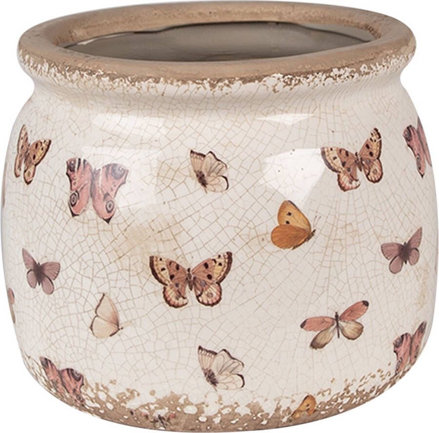 Clayre & Eef Bloempot Ø 16x13 cm Beige Roze Keramiek Vlinders Bloempot Binnen
