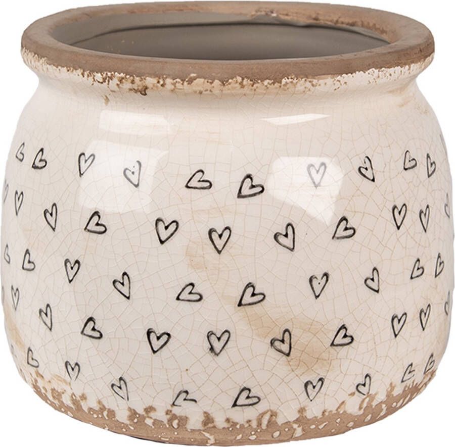 Clayre & Eef Bloempot Ø 16x13 cm Beige Zwart Keramiek Hartjes Bloempot Binnen