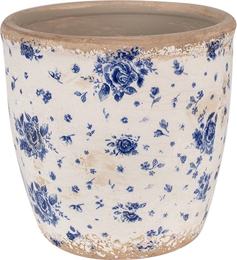 Clayre & Eef Bloempot Ø 16x16 cm Beige Blauw Keramiek Roosjes Bloempot Binnen
