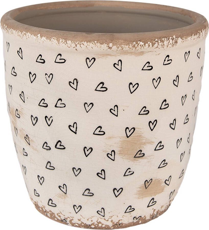 Clayre & Eef Bloempot Ø 16x16 cm Beige Zwart Keramiek Hartjes Bloempot Binnen