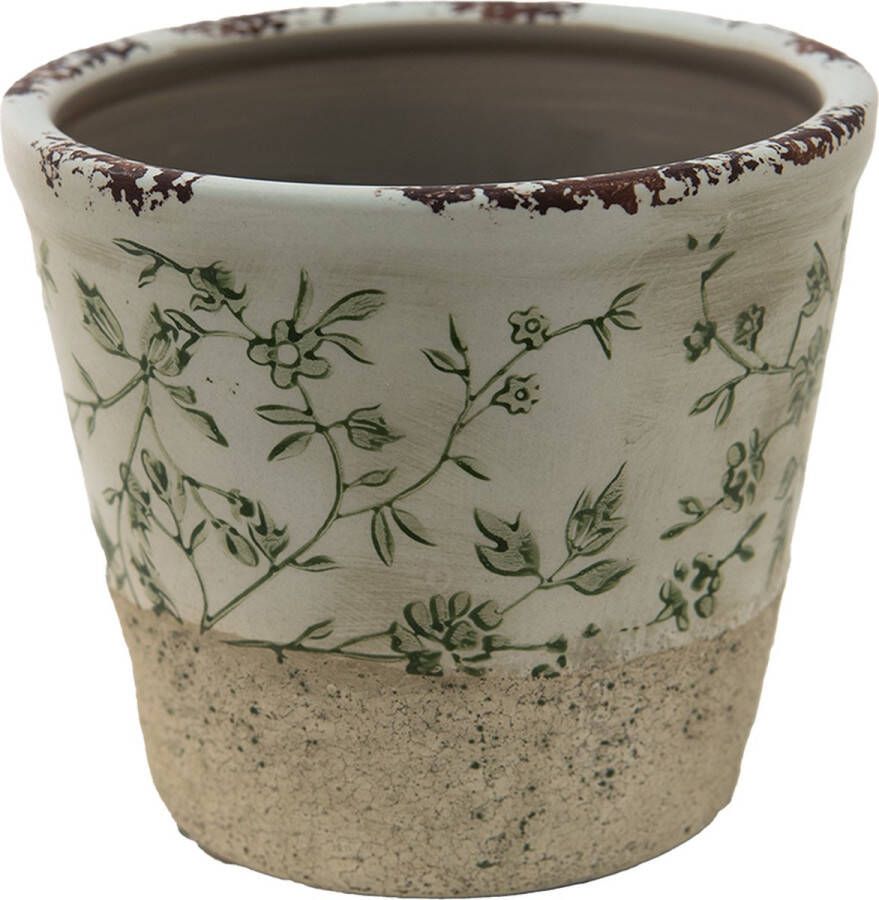 Clayre & Eef Bloempot Ø 16*16 cm Groen Wit Keramiek Rond Bladeren Bloempot binnen Plantenpot Plant pot