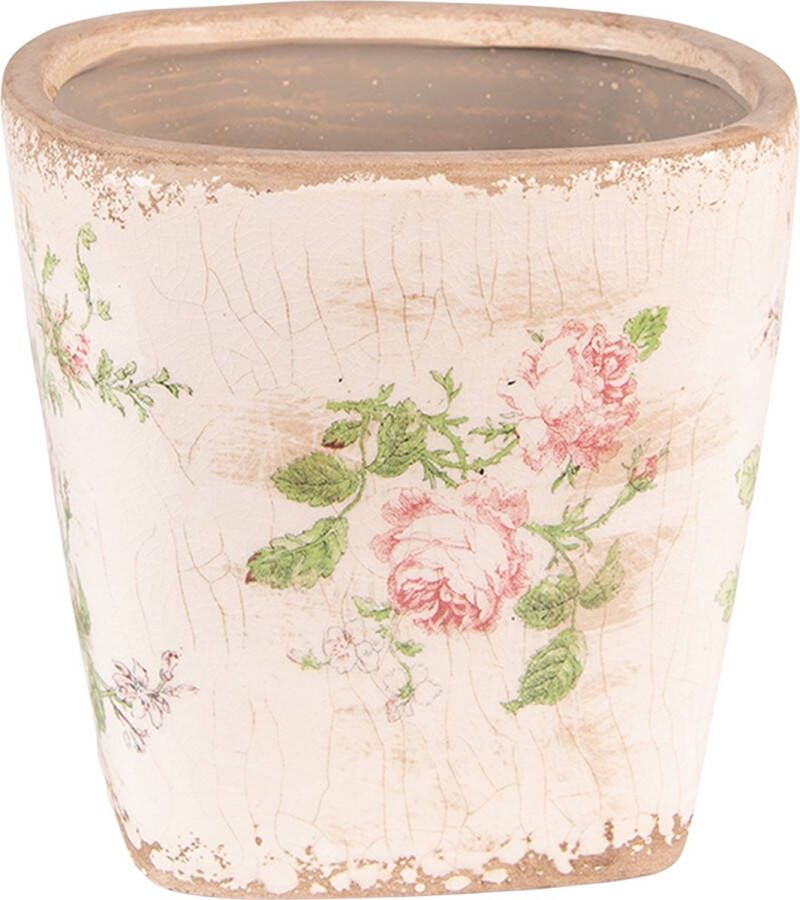 Clayre & Eef Bloempot 16x16x16 Cm Roze Beige Keramiek Bloemen Bloempot Binnen Plantenpot Plant Pot Roze Bloempot Binnen