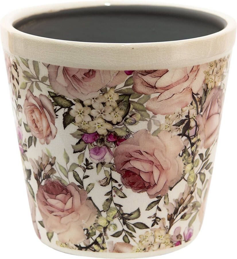 Clayre & Eef Bloempot Ø 17*16 cm Wit Roze Keramiek Rond Bloemen Bloempot binnen Plantenpot Plant pot