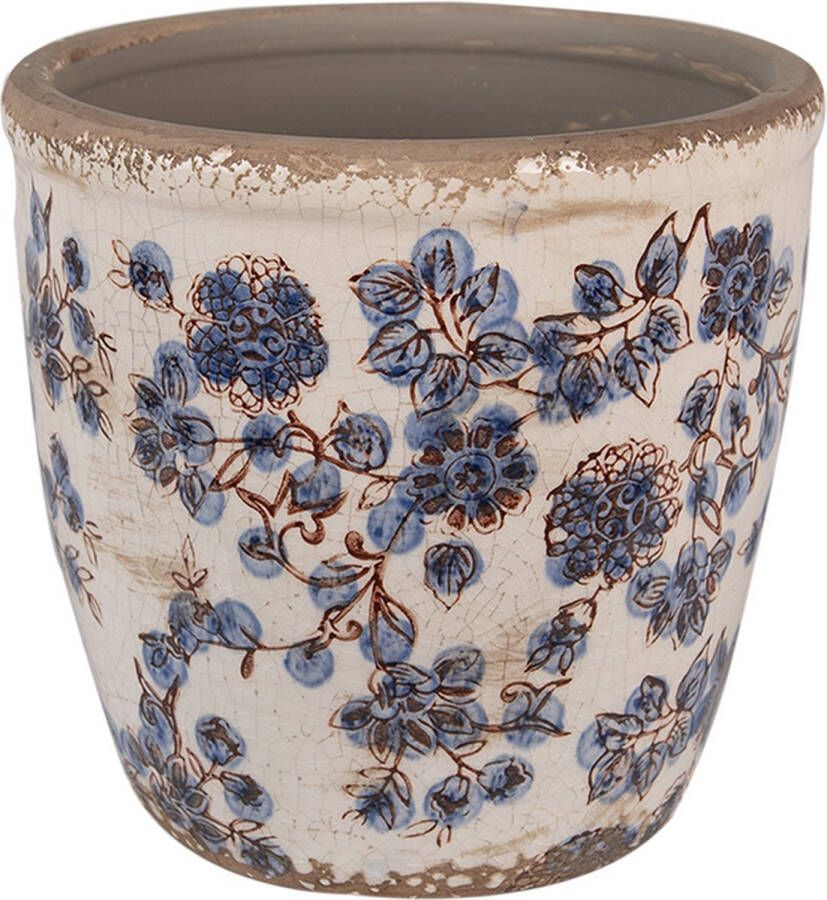 Clayre & Eef Bloempot Ø 17x16 cm Beige Blauw Keramiek Bloemen Bloempot Binnen Beige Bloempot Binnen