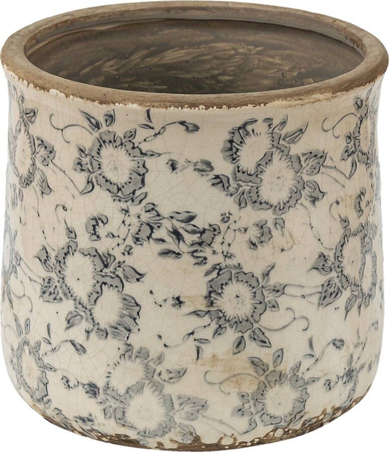 Clayre & Eef Bloempot Ø 17*16 Cm Grijs Beige Keramiek Bloemen Bloempot Binnen Plantenpot Plant Pot Grijs Bloempot