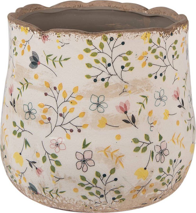 Clayre & Eef Bloempot Ø 18x16 cm Beige Geel Keramiek Bloemen Bloempot Binnen Beige Bloempot Binnen