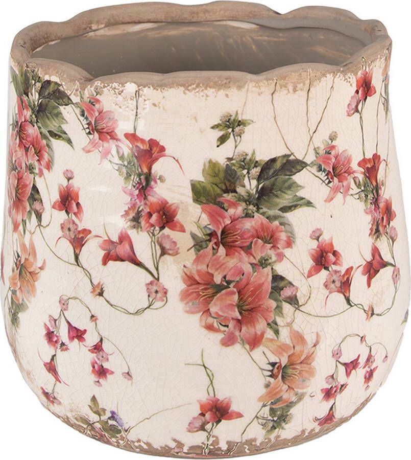 Clayre & Eef Bloempot Ø 18x16 Cm Roze Beige Keramiek Bloemen Bloempot Binnen Plantenpot Plant Pot Roze Bloempot Binnen