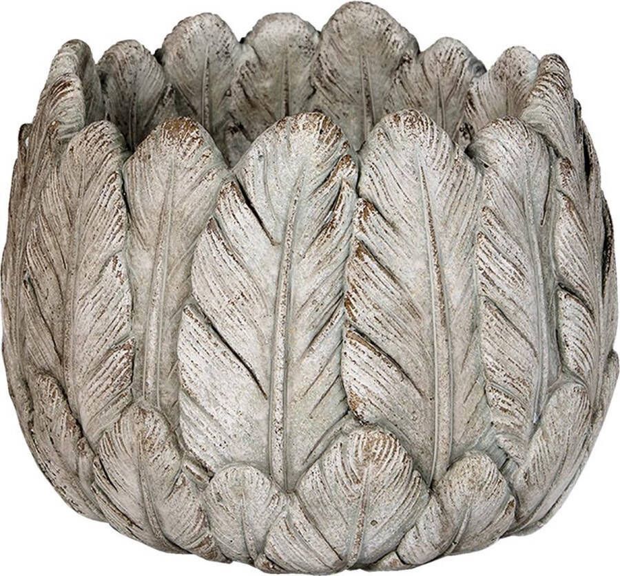 Clayre & Eef Bloempot Ø 19x16 Cm Grijs Steen Rond Veren Bloempot Binnen Plantenpot Plant Pot Grijs Bloempot Binnen