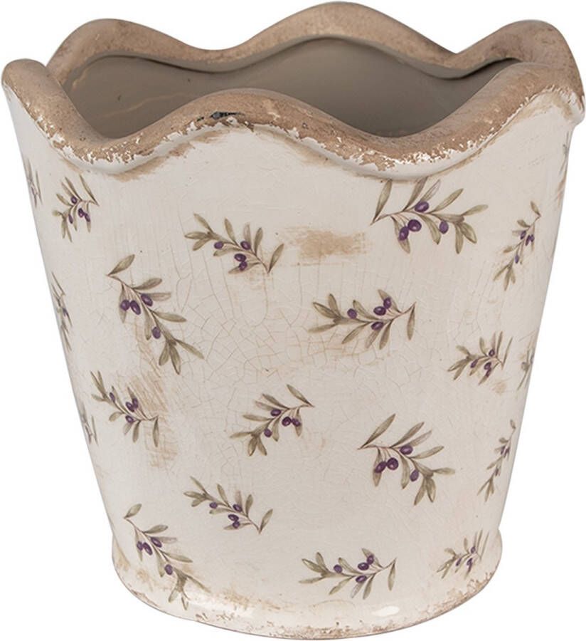 Clayre & Eef Bloempot Ø 19x18 cm Beige Blauw Keramiek Olijven Bloempot Binnen