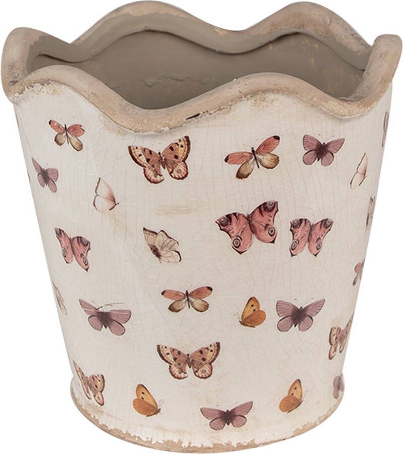 Clayre & Eef Bloempot Ø 19x18 cm Beige Roze Keramiek Vlinders Bloempot Binnen