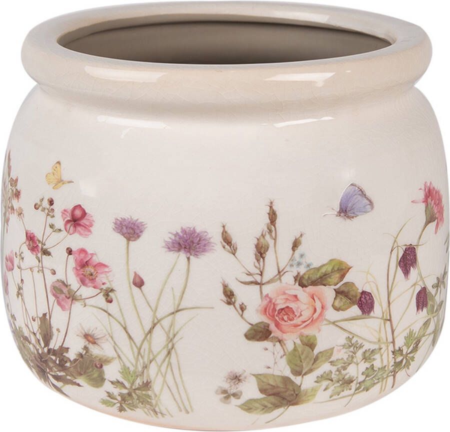 Clayre & Eef Bloempot Ø 20x15 cm Beige Roze Keramiek Bloemen Bloempot Binnen