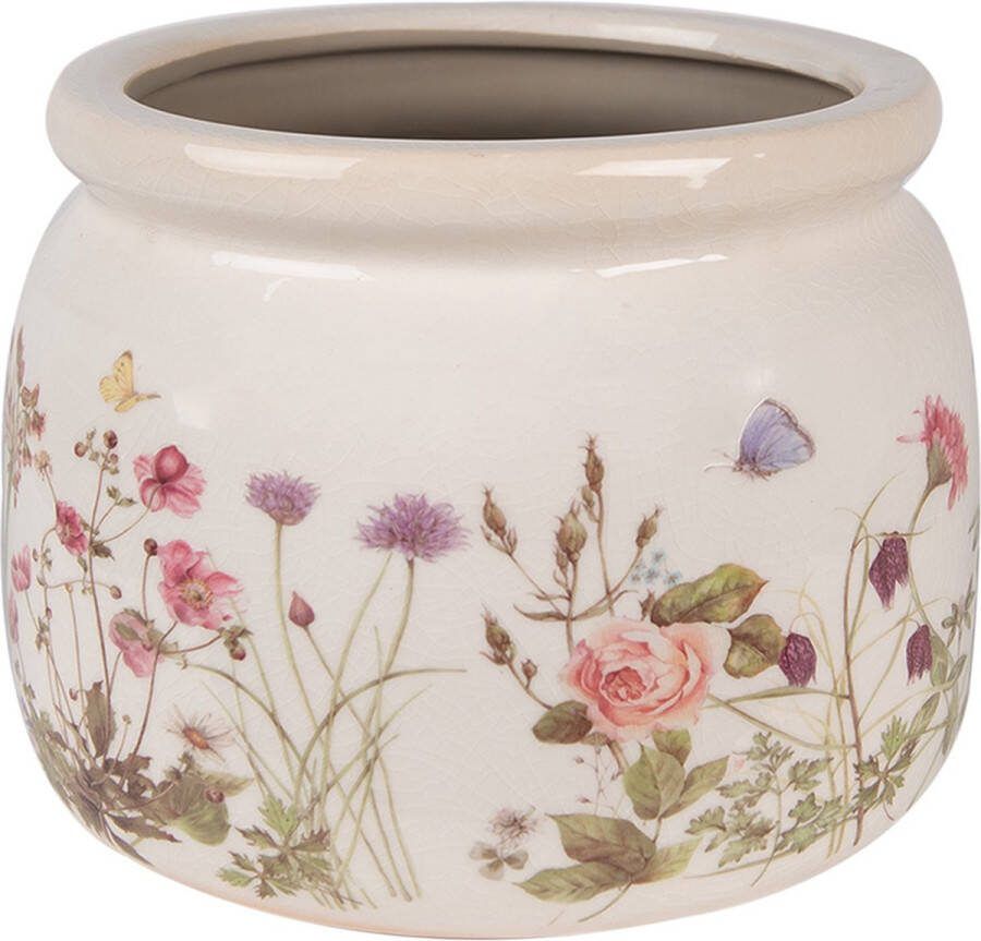 Clayre & Eef Bloempot Ø 20x15 cm Beige Roze Keramiek Bloemen Bloempot Binnen