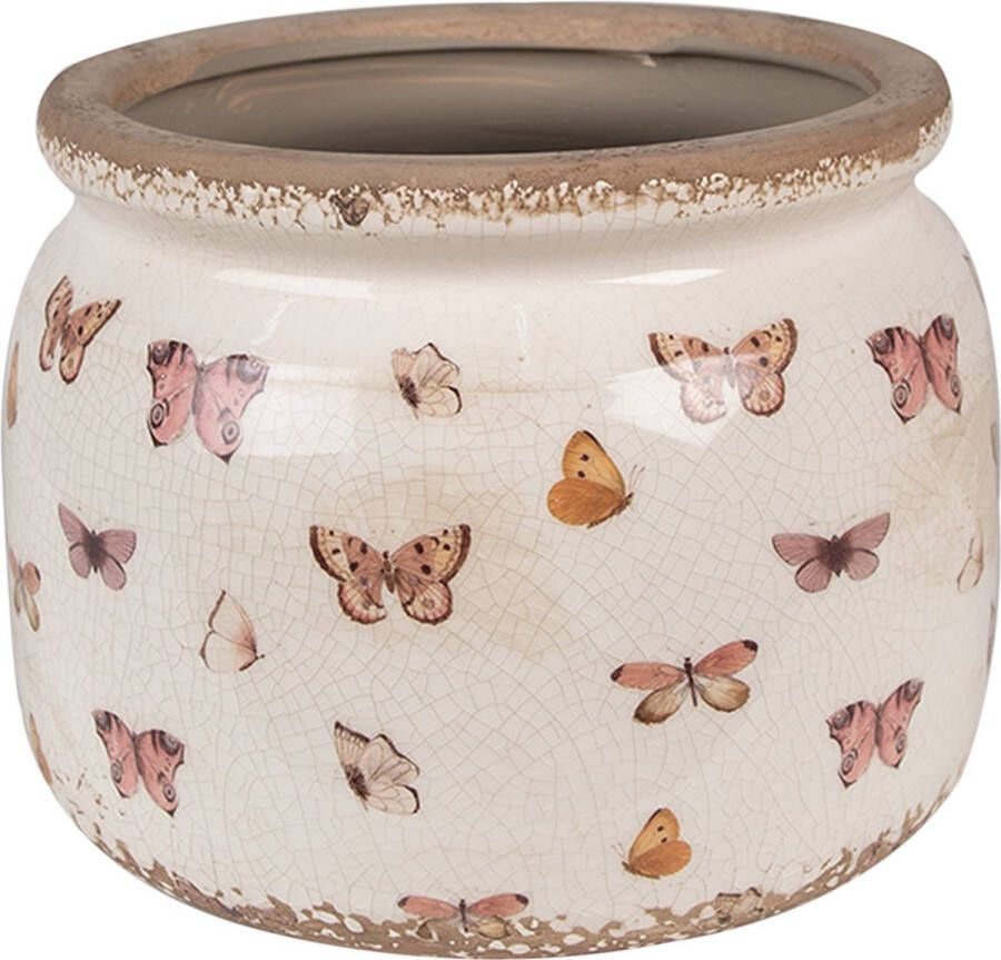 Clayre & Eef Bloempot Ø 20x15 cm Beige Roze Keramiek Vlinders Bloempot Binnen