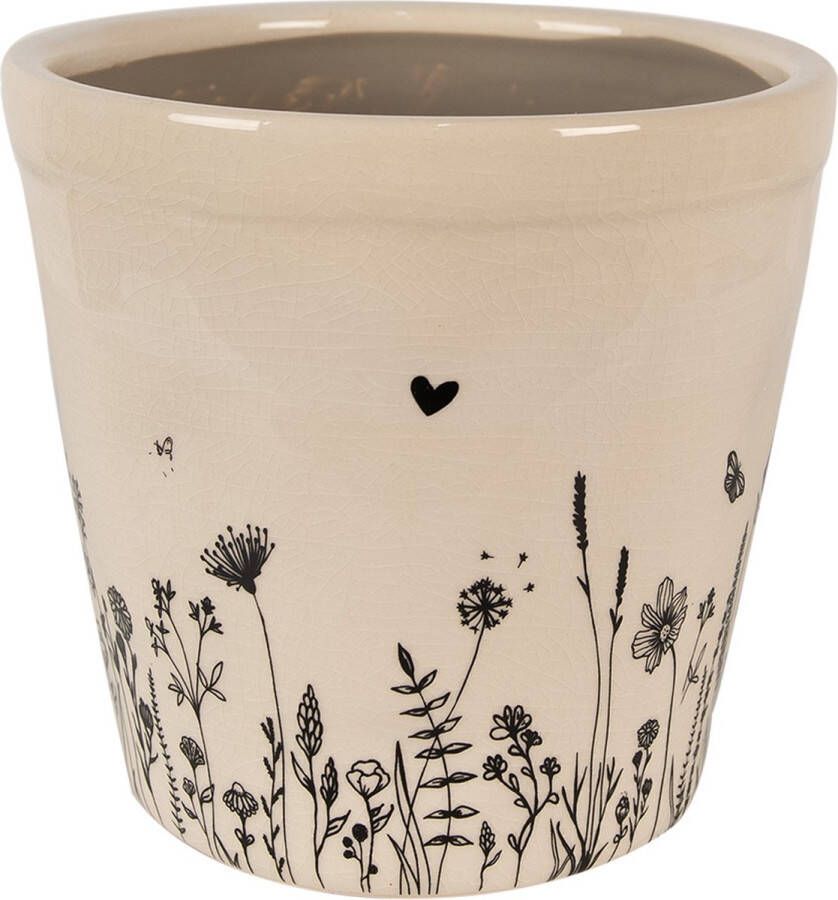 Clayre & Eef Bloempot Ø 21x20 cm Beige Zwart Keramiek Bloemen Bloempot Binnen