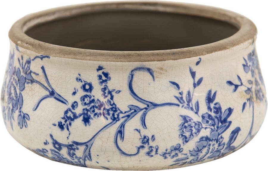Clayre & Eef Bloempot Ø 21x8 cm Blauw Wit Keramiek Rond Bloemen Bloempot binnen