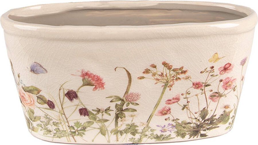 Clayre & Eef Bloempot 27x13x14 Cm Roze Beige Keramiek Ovaal Bloemen Bloempot Binnen Plantenpot Plant Pot Roze Bloempot