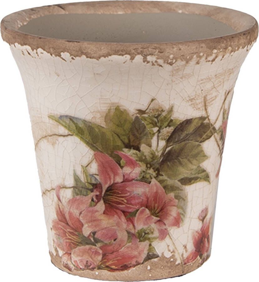 Clayre & Eef Bloempot Ø 9x8 cm Beige Roze Keramiek Bloemen Bloempot Binnen