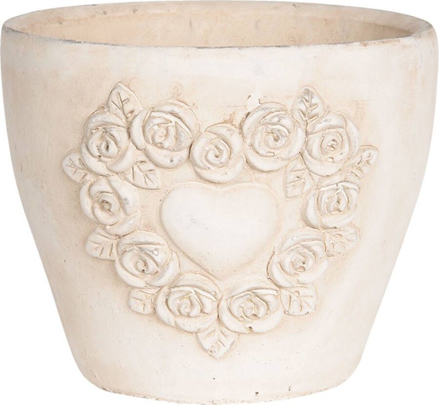 Clayre & Eef Bloempot 17*17*15 cm Wit Terracotta Rond Rozen Bloempot binnen Plantenpot Plant pot