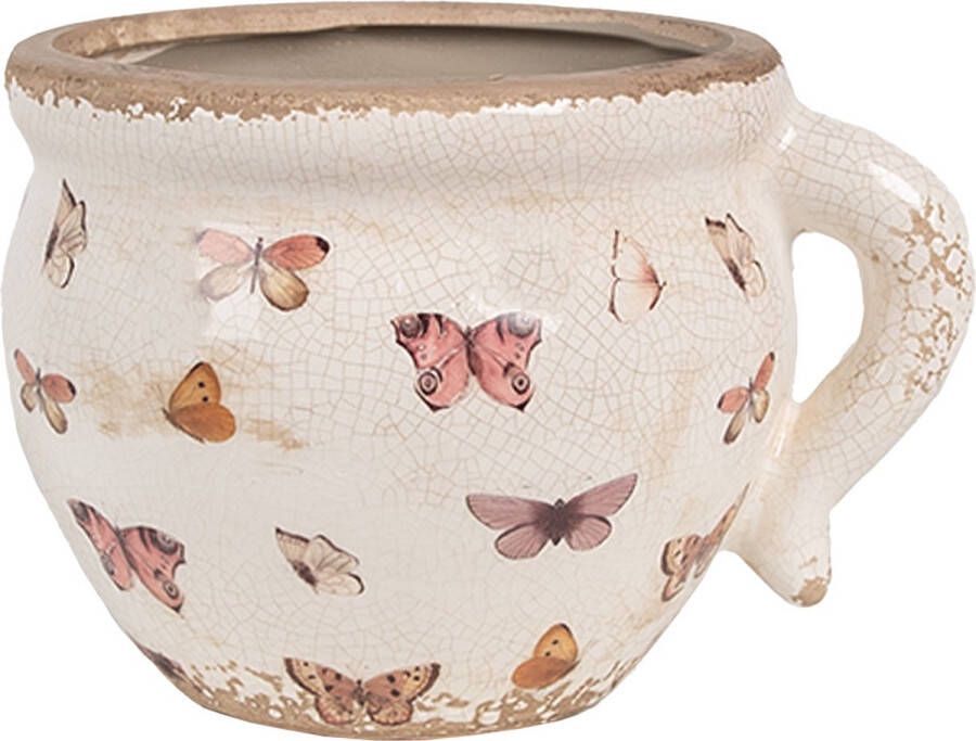 Clayre & Eef Bloempot Binnen 17x14x12 cm Beige Roze Keramiek Vlinders Plantenpot