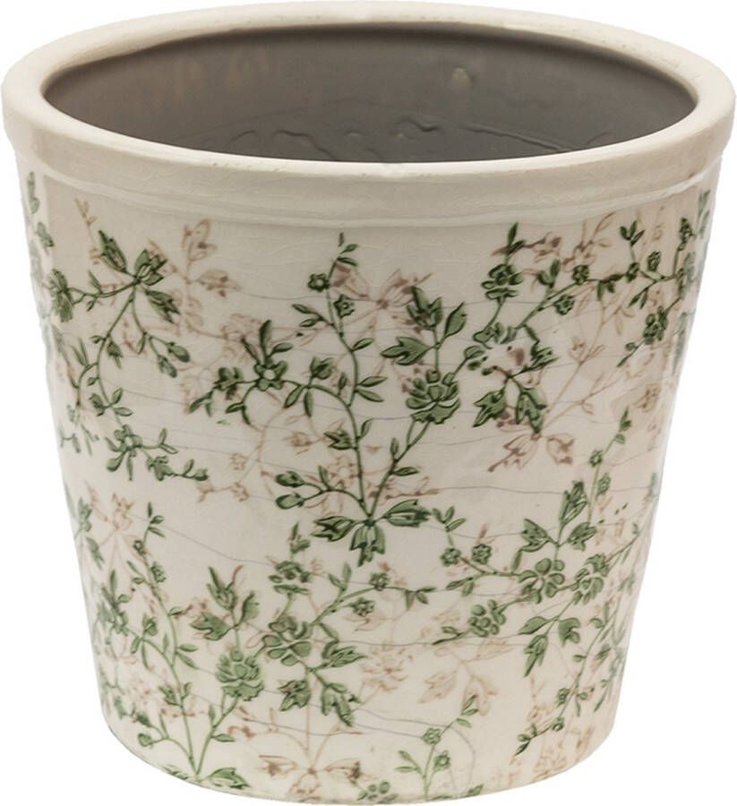 Clayre & Eef Bloempot Ø 22*20 cm Groen Beige Keramiek Bladeren Bloempot binnen Plantenpot Plant pot