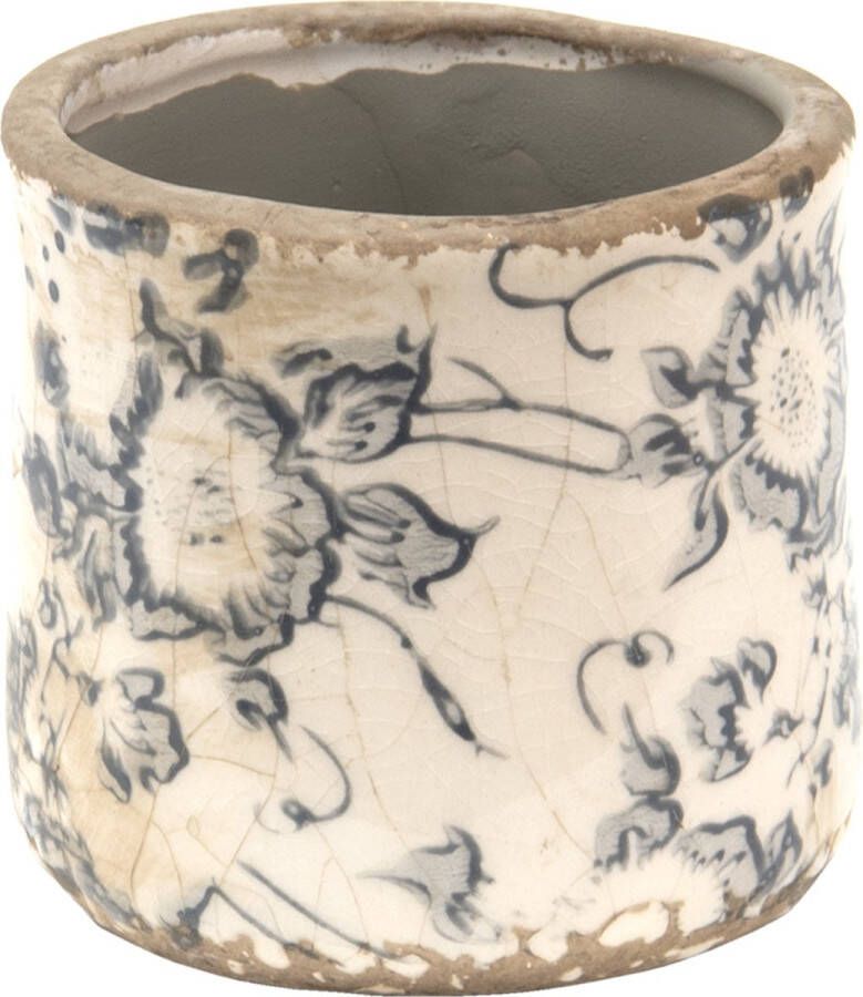 Clayre & Eef Bloempot Ø 8*7 Cm Grijs Beige Keramiek Bloemen Bloempot Binnen Plantenpot Plant Pot Grijs Bloempot Binnen