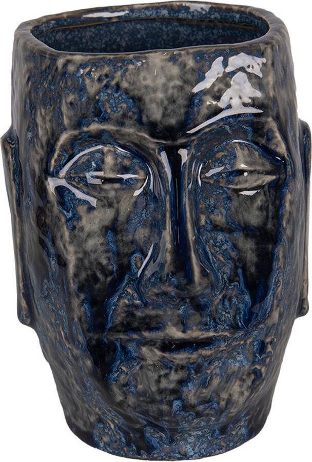 Clayre & Eef Bloempot Gezicht 13x15x17 cm Blauw Keramiek Bloempot binnen