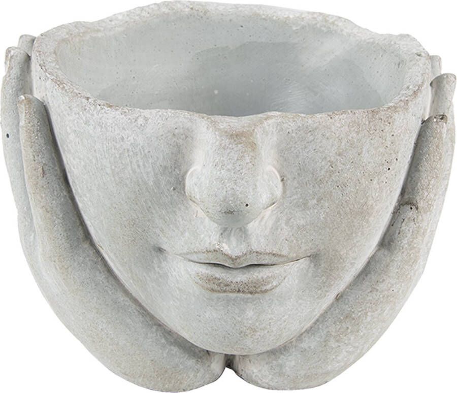 Clayre & Eef Bloempot Hoofd Ø 11x11 Cm Grijs Steen Plantenpot Decoratie Pot Grijs Plantenpot Decoratie Pot