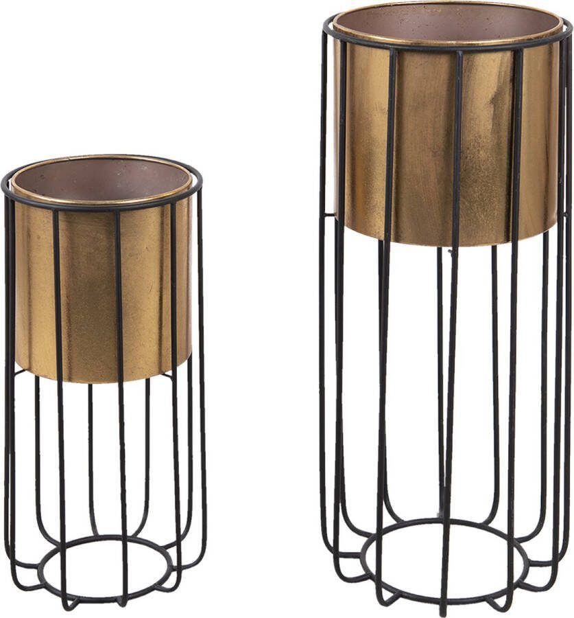 Clayre & Eef Bloempotten Set Van 2 Goudkleurig Zwart Metaal Plantenpot Plantenhouder Decoratie Pot Goudkleurig