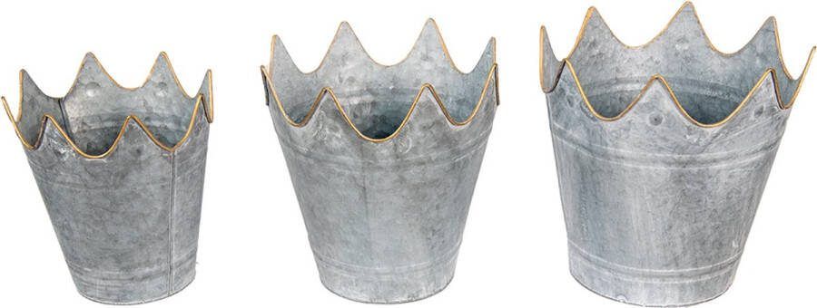 Clayre & Eef Bloempot Set Van 3 Ø 29 Ø 26 Ø 22 Cm Grijs Metaal Kroon Plantenpot Plantenhouder Decoratie Pot Grijs