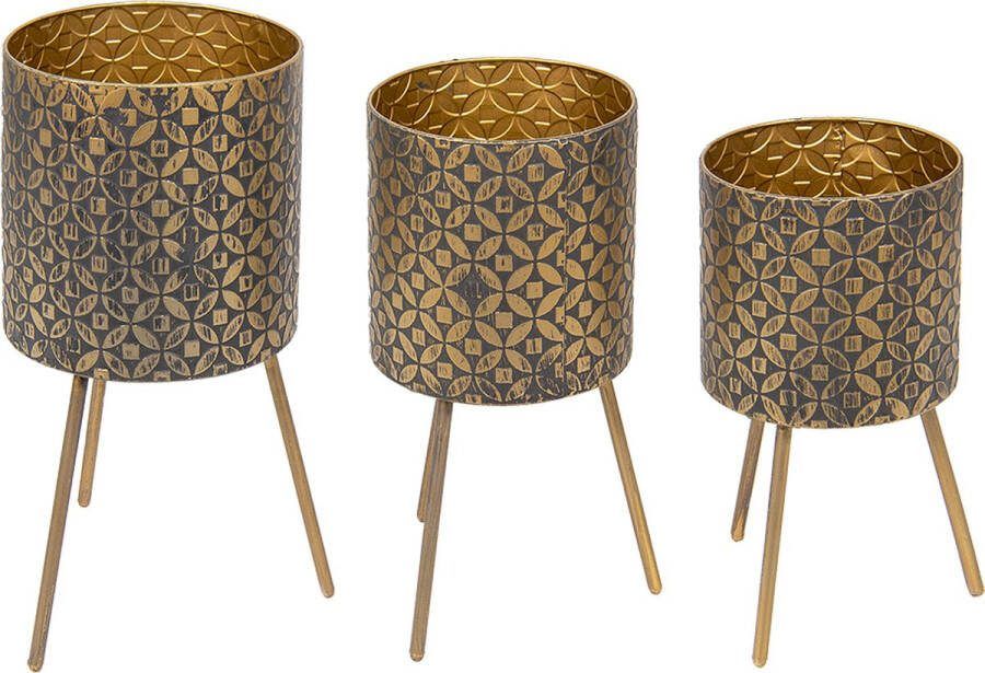Clayre & Eef Bloempot Set Van 3 Goudkleurig Ijzer Plantenstandaard Plantenpot Bloempot Op Voet Goudkleurig