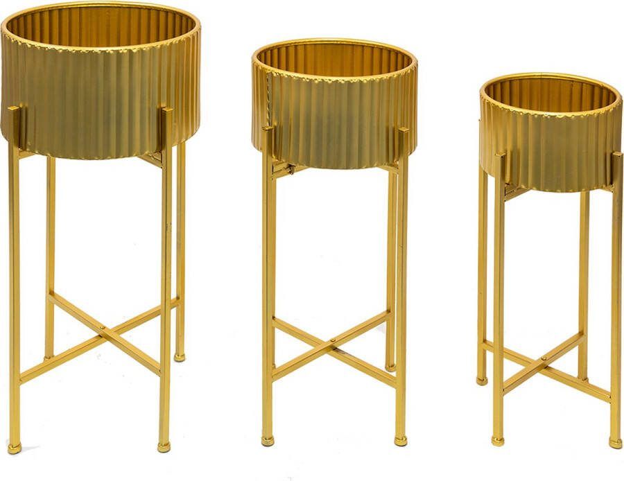 Clayre & Eef Bloempot Set Van 3 Goudkleurig Ijzer Plantenstandaard Bloempotstandaard Plantenhouder Goudkleurig